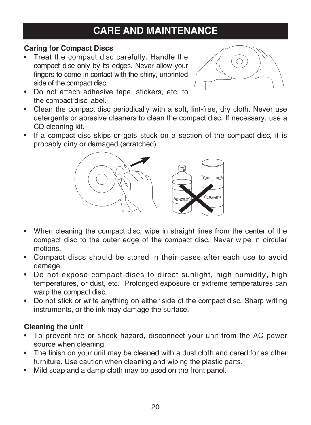 Memorex MPD8812 manual Care and Maintenance, Caring for Compact Discs 