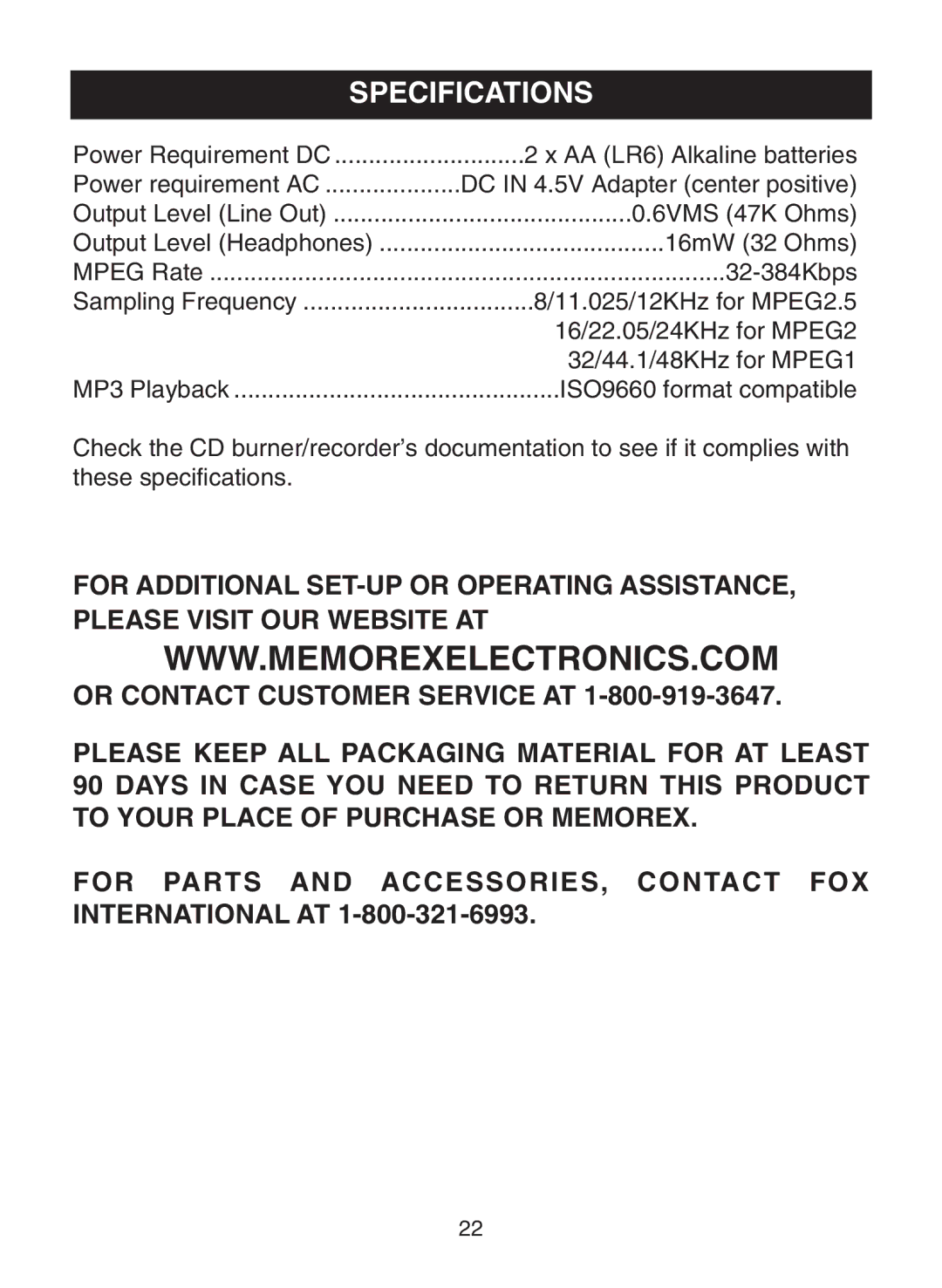 Memorex MPD8812 manual Specifications 