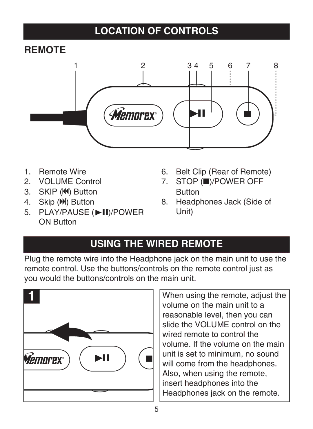 Memorex MPD8812 manual Using the Wired Remote 