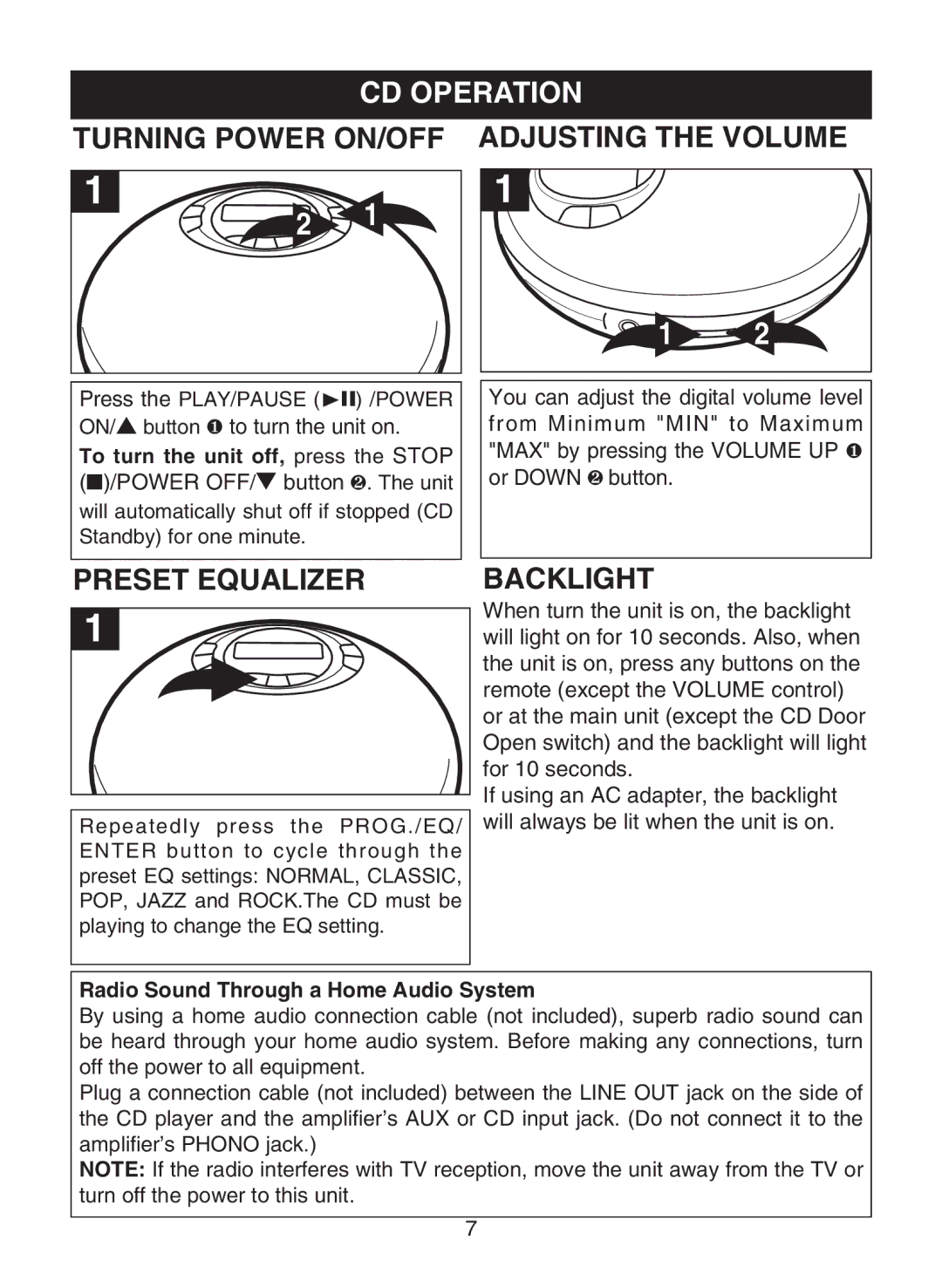 Memorex MPD8812 manual CD Operation, Turning Power ON/OFF Adjusting the Volume, Preset Equalizer 