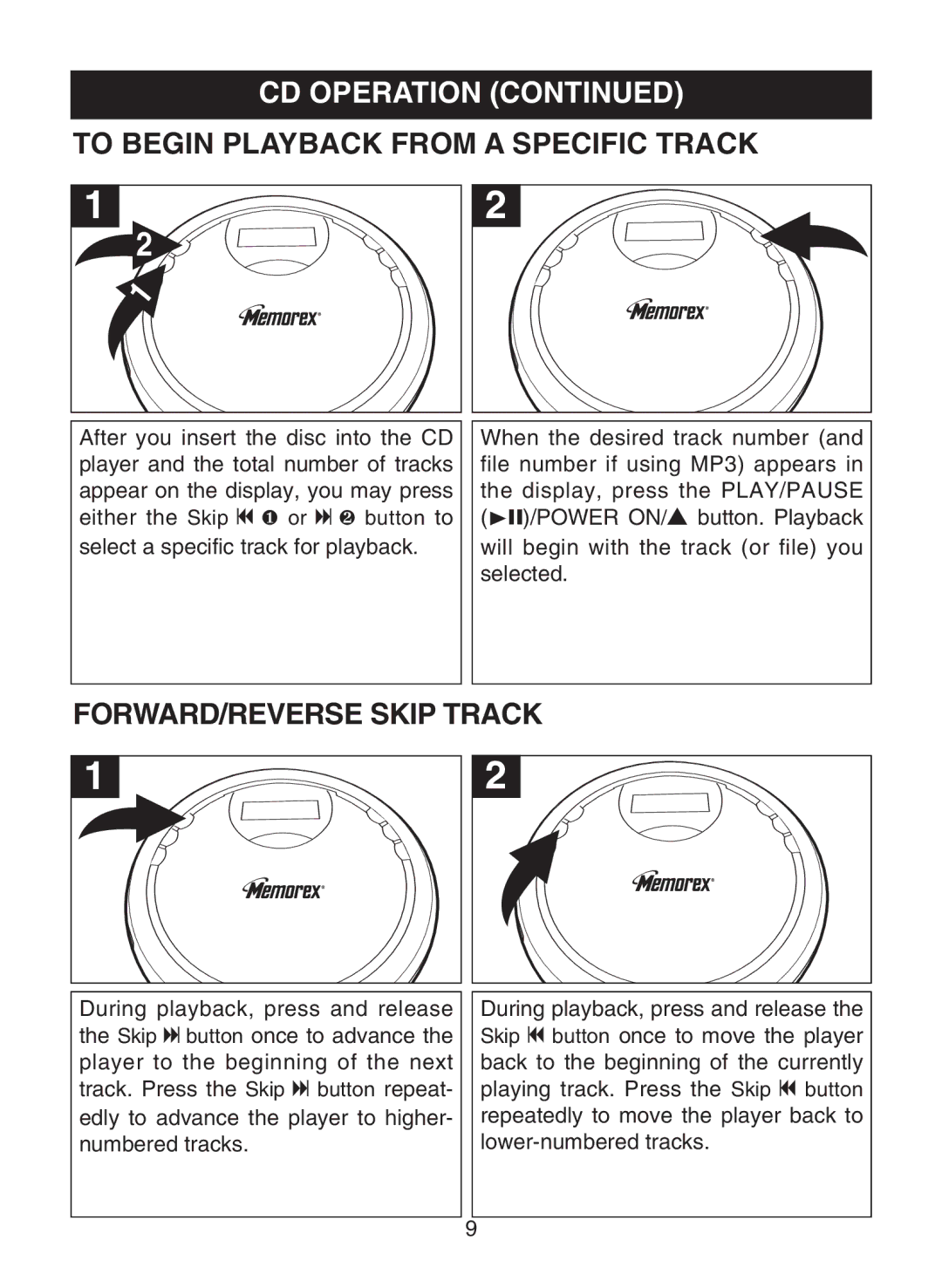 Memorex MPD8819 manual To Begin Playback from a Specific Track, FORWARD/REVERSE Skip Track 