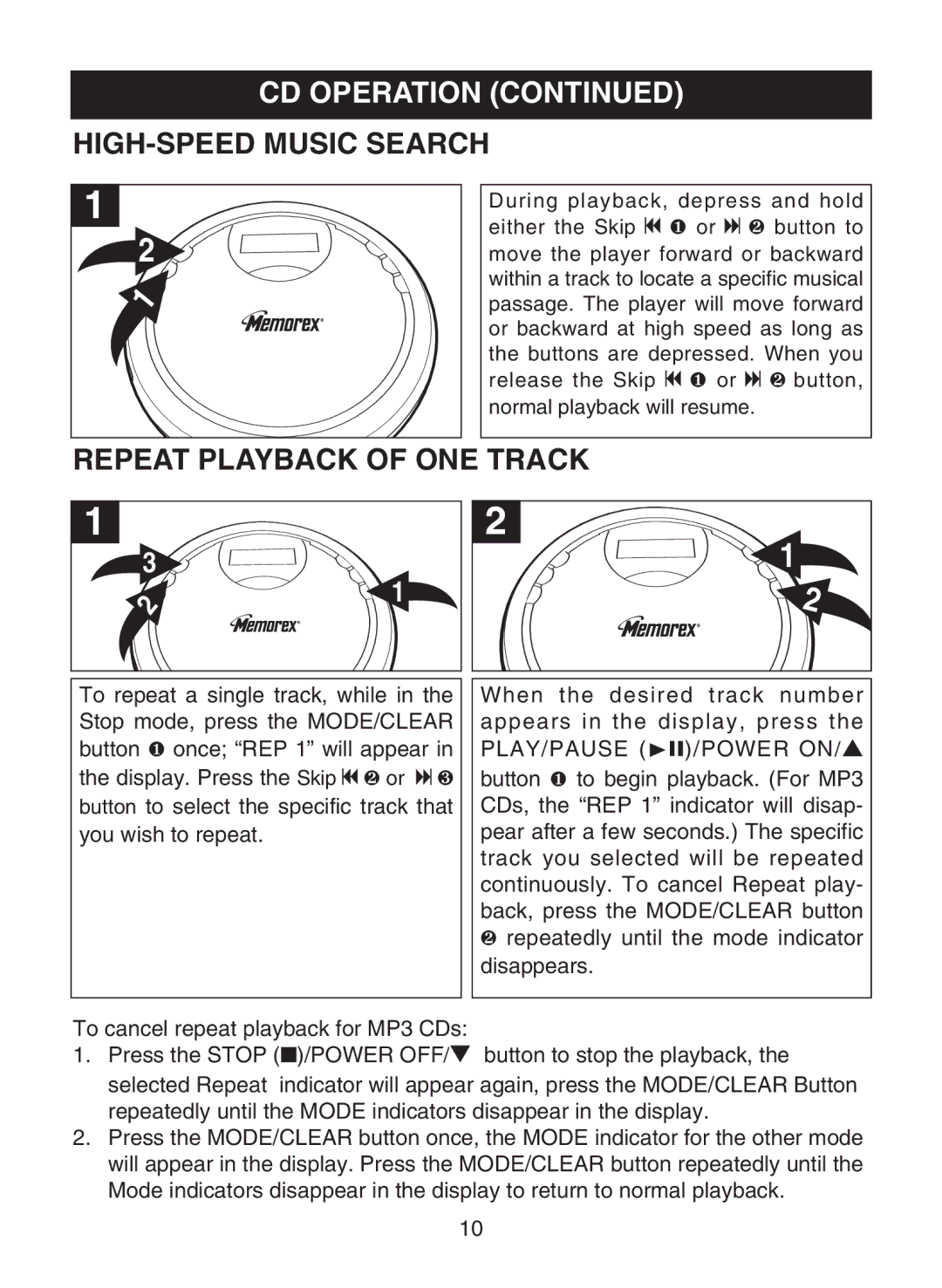 Memorex MPD8819 manual HIGH-SPEED Music Search, Repeat Playback of ONE Track 