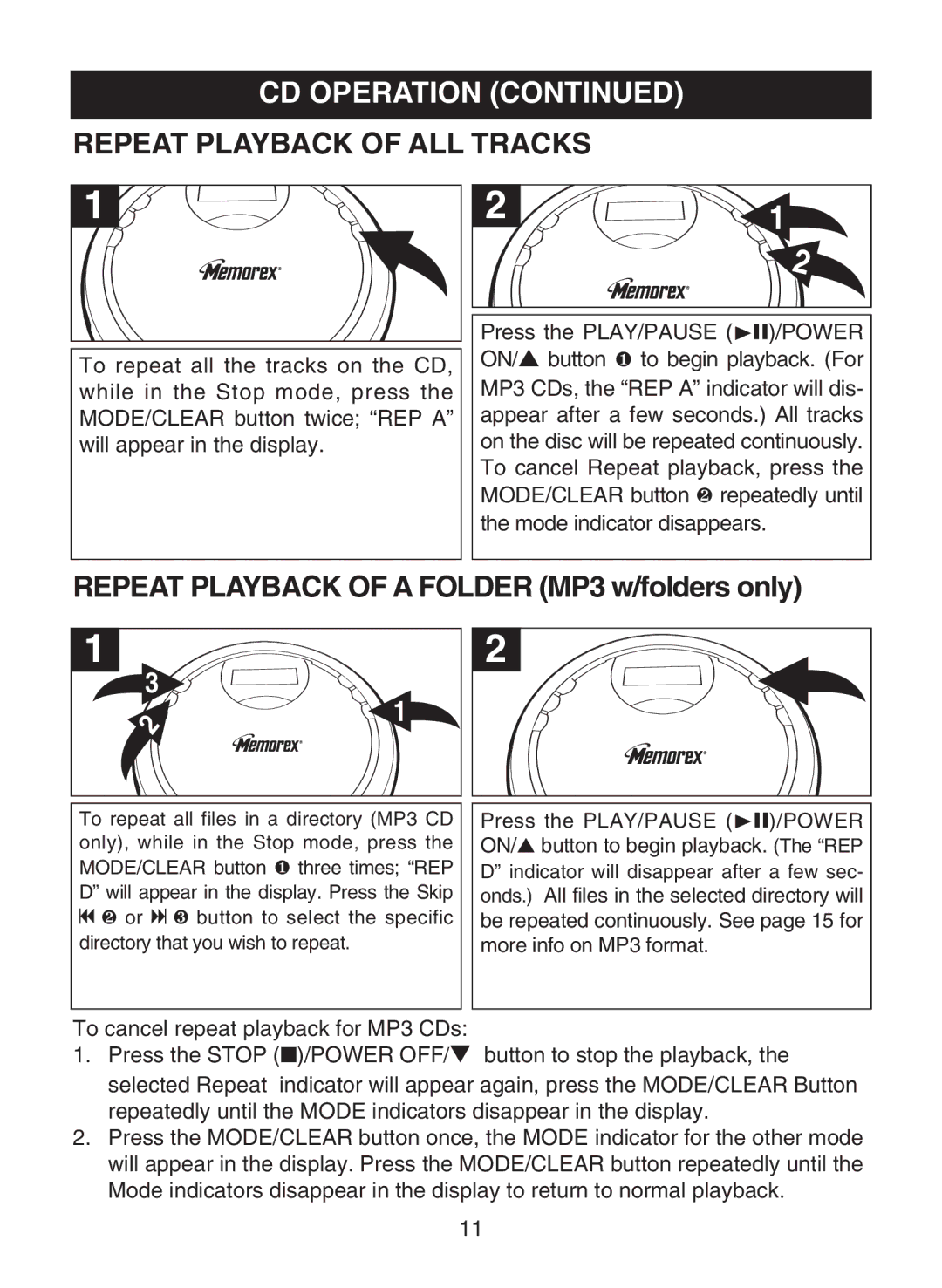 Memorex MPD8819 manual Repeat Playback of ALL Tracks, Repeat Playback of a Folder MP3 w/folders only 