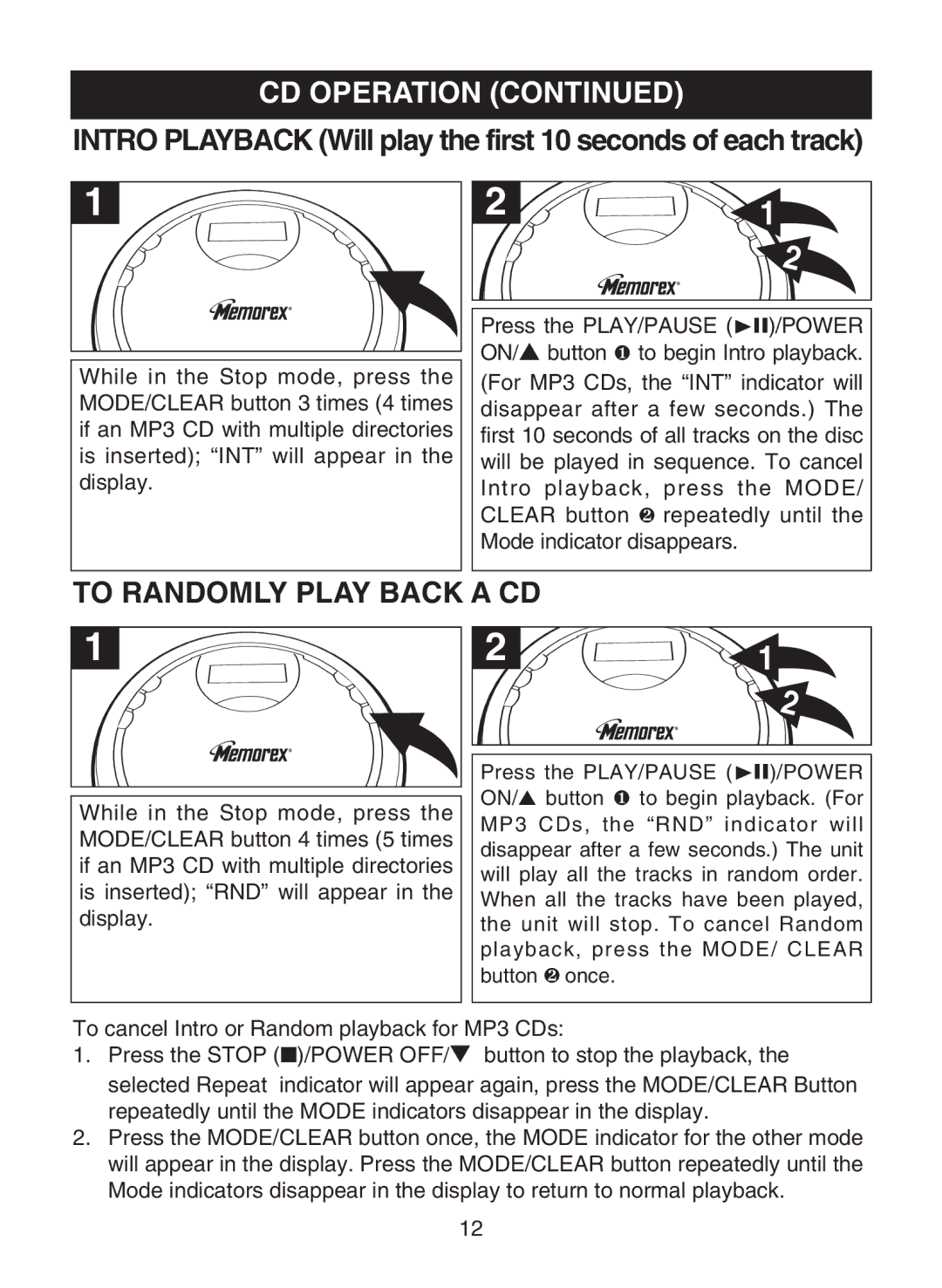 Memorex MPD8819 manual To Randomly Play Back a CD, Intro Playback Will play the first 10 seconds of each track 