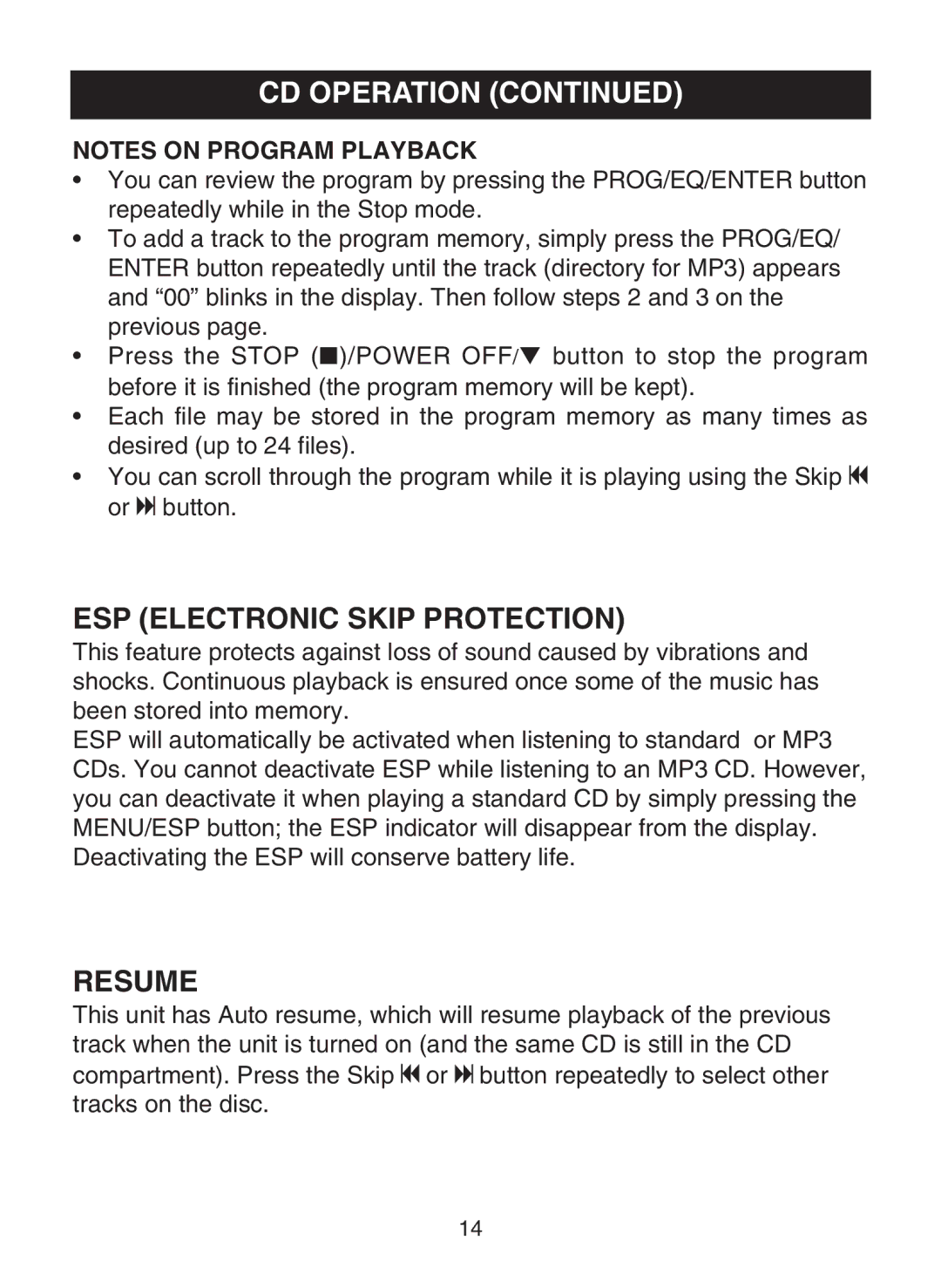 Memorex MPD8819 manual ESP Electronic Skip Protection, Resume 