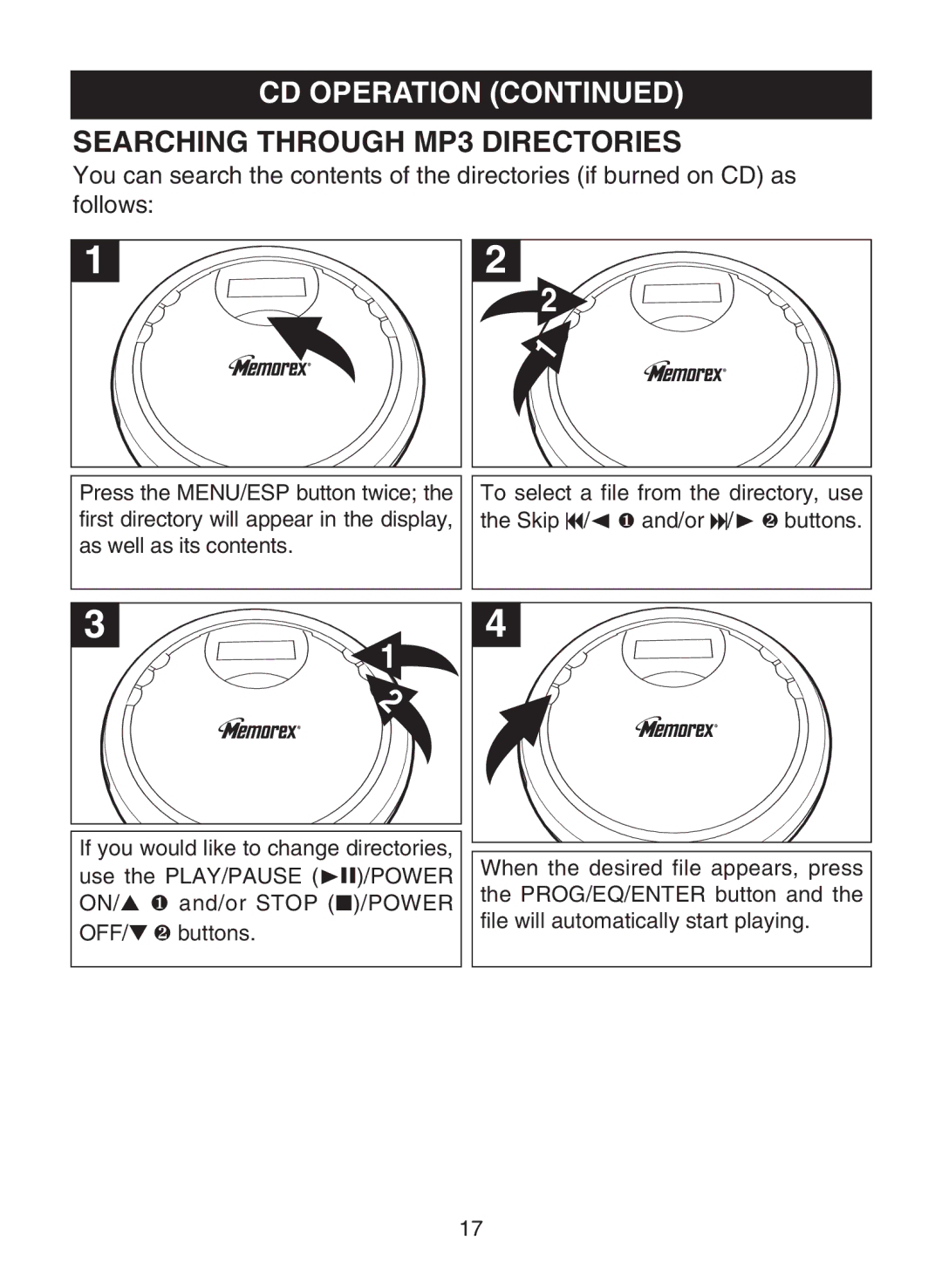 Memorex MPD8819 manual Searching Through MP3 Directories 