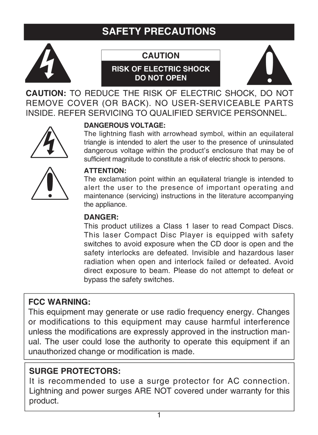 Memorex MPD8819 manual Safety Precautions, Risk of Electric Shock Do not Open 