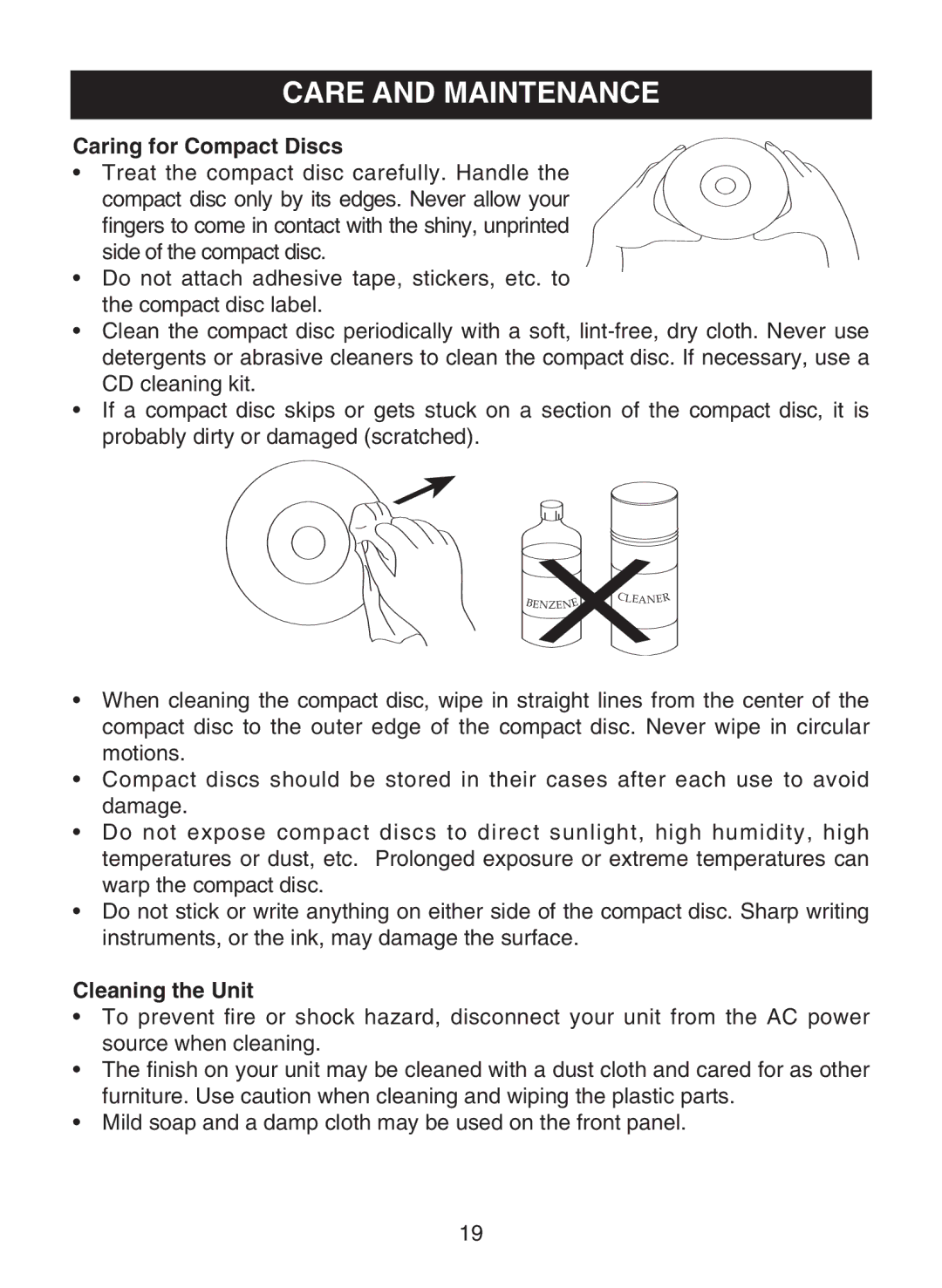 Memorex MPD8819 manual Care and Maintenance, Caring for Compact Discs 