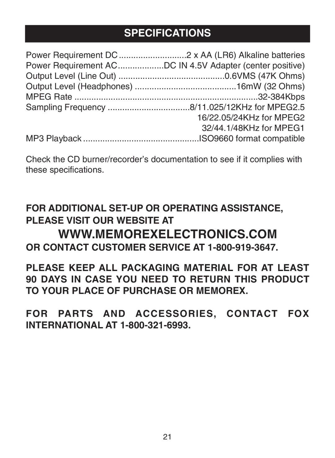 Memorex MPD8819 manual Specifications 