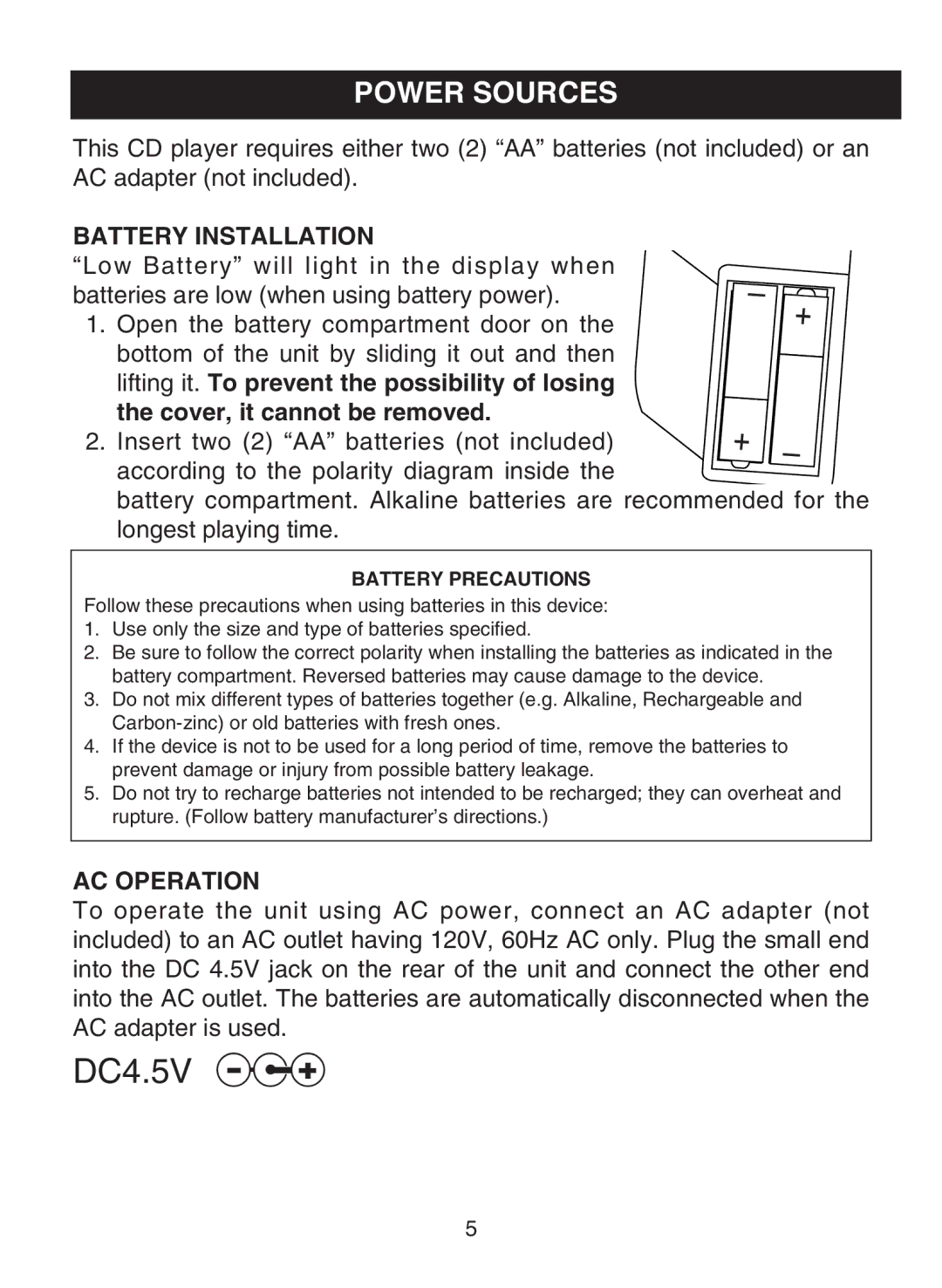 Memorex MPD8819 manual Power Sources, Battery Installation 