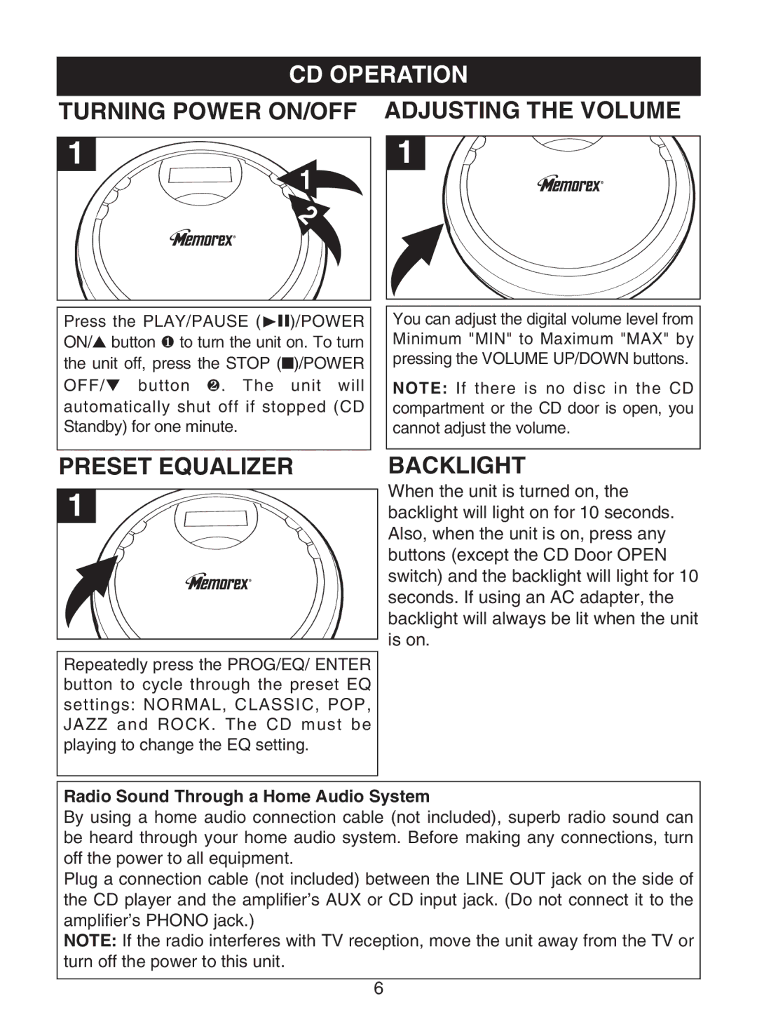 Memorex MPD8819 manual CD Operation, Turning Power ON/OFF Adjusting the Volume, Preset Equalizer 