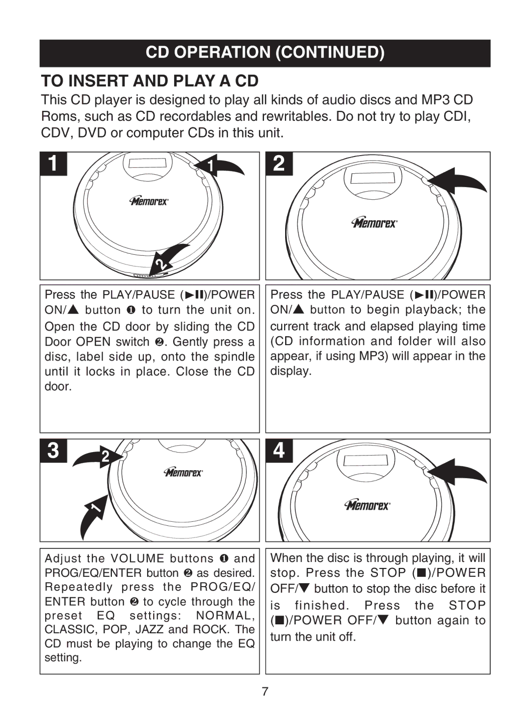 Memorex MPD8819 manual To Insert and Play a CD 