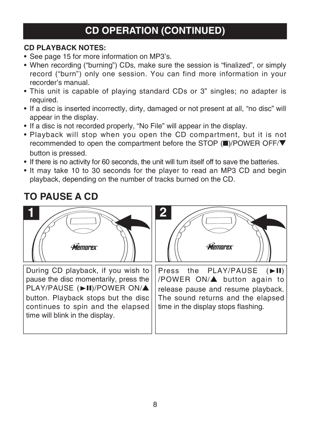 Memorex MPD8819 manual To Pause a CD, CD Playback Notes 