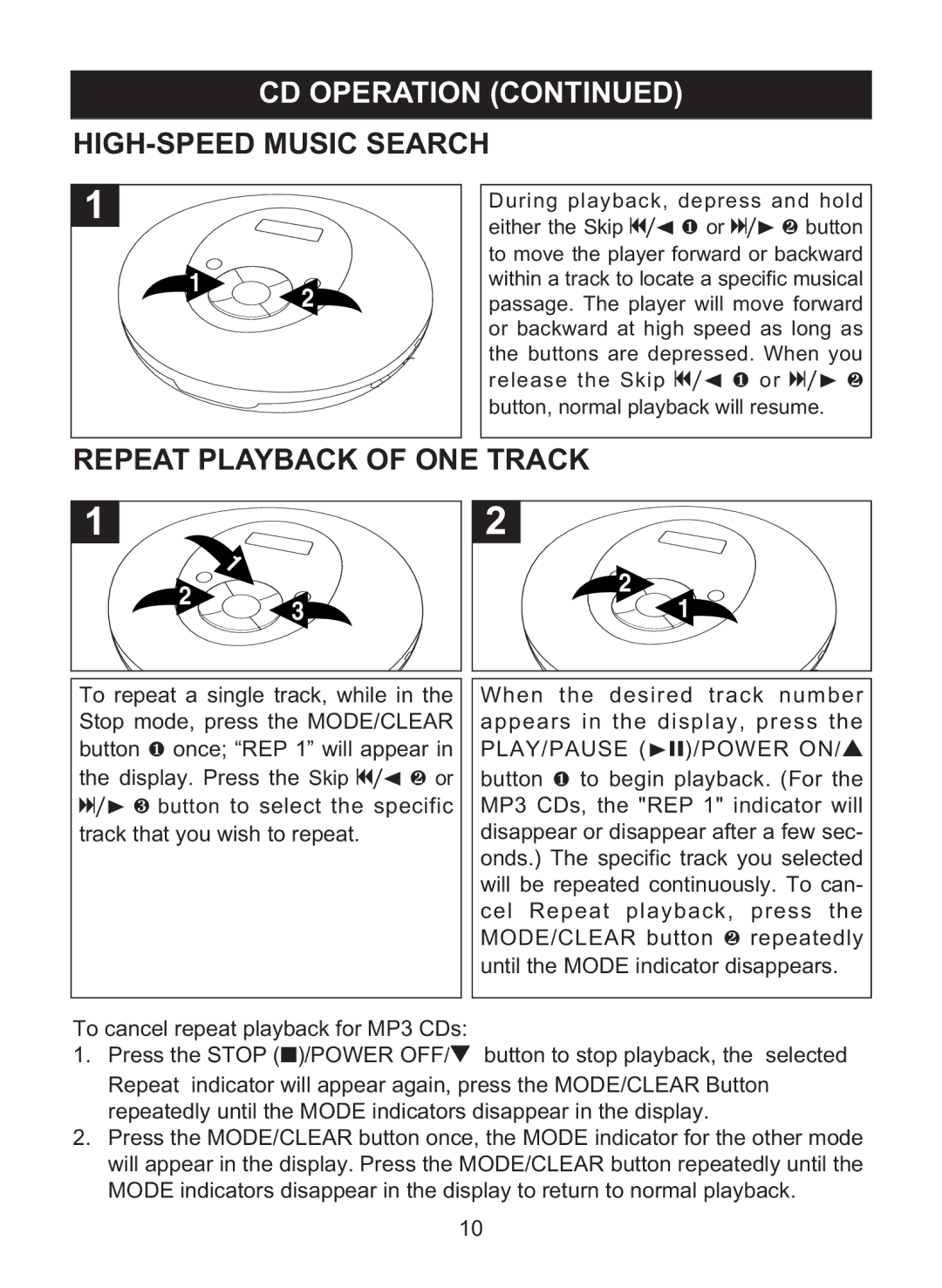 Memorex MPD8842 manual HIGH-SPEED Music Search, Repeat Playback of ONE Track 