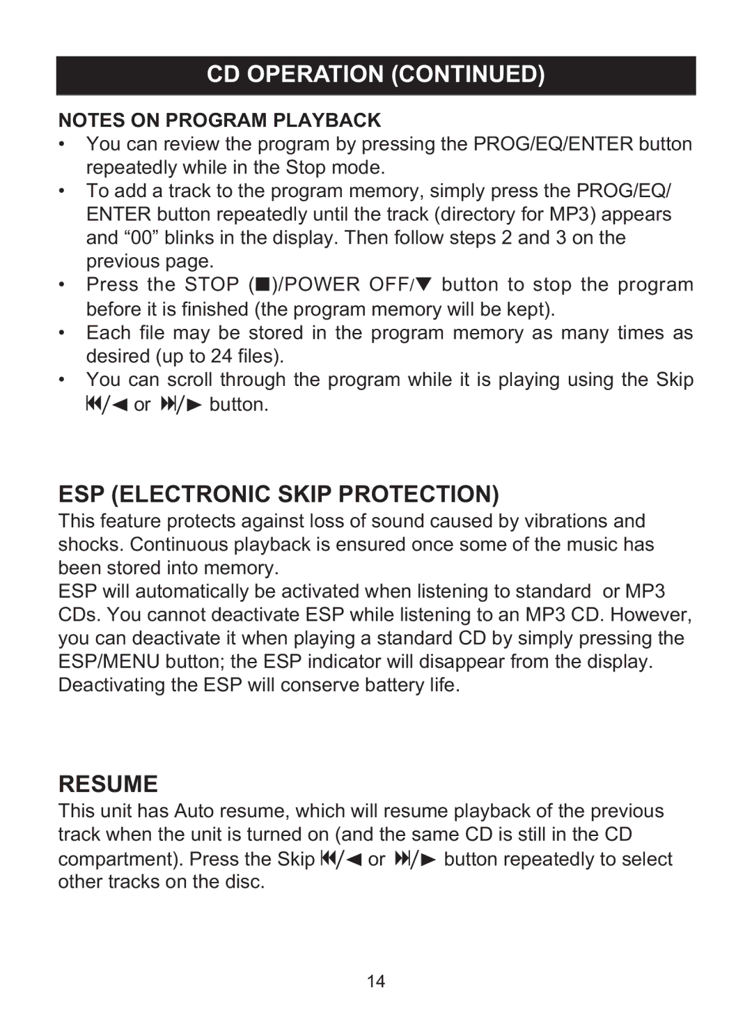 Memorex MPD8842 manual ESP Electronic Skip Protection, Resume 