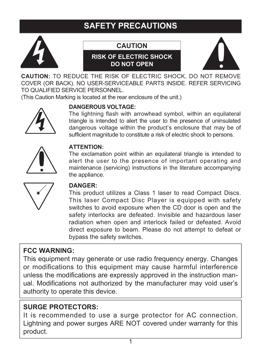 Memorex MPD8842 manual Safety Precautions, Risk of Electric Shock Do not Open 