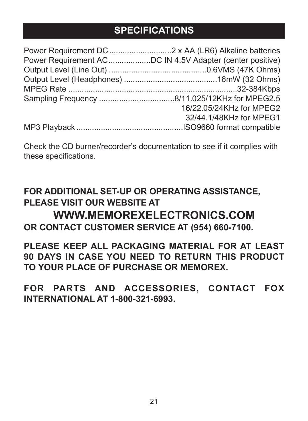 Memorex MPD8842 manual Specifications 