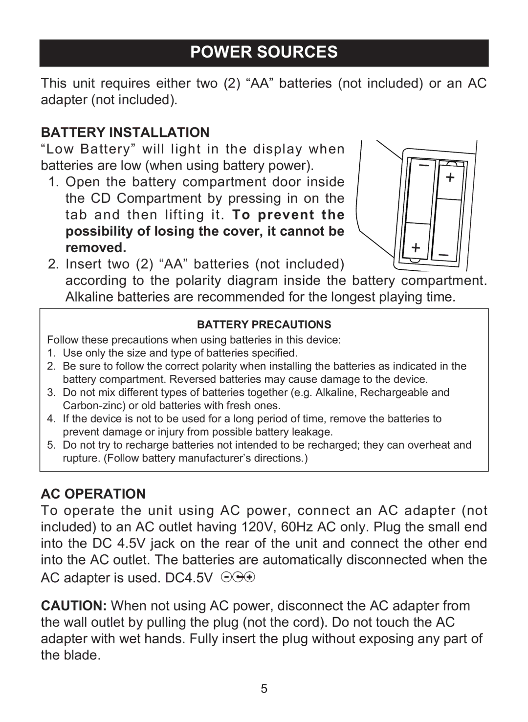 Memorex MPD8842 manual Power Sources, Battery Installation 