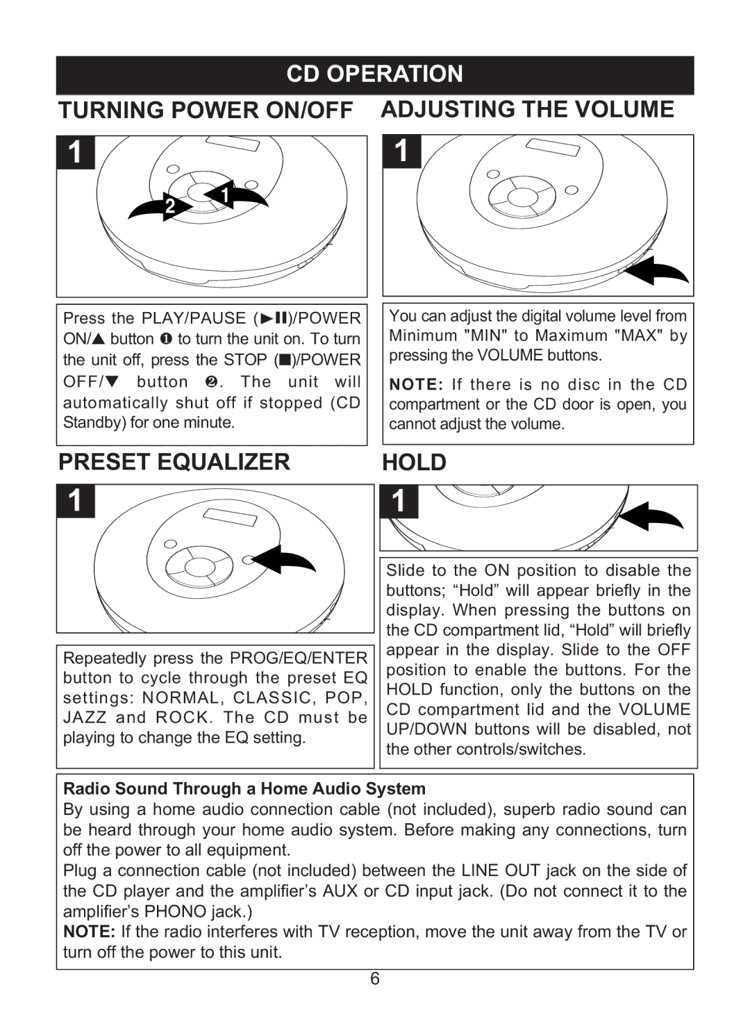 Memorex MPD8842 manual CD Operation, Turning Power ON/OFF Adjusting the Volume, Preset Equalizer Hold 
