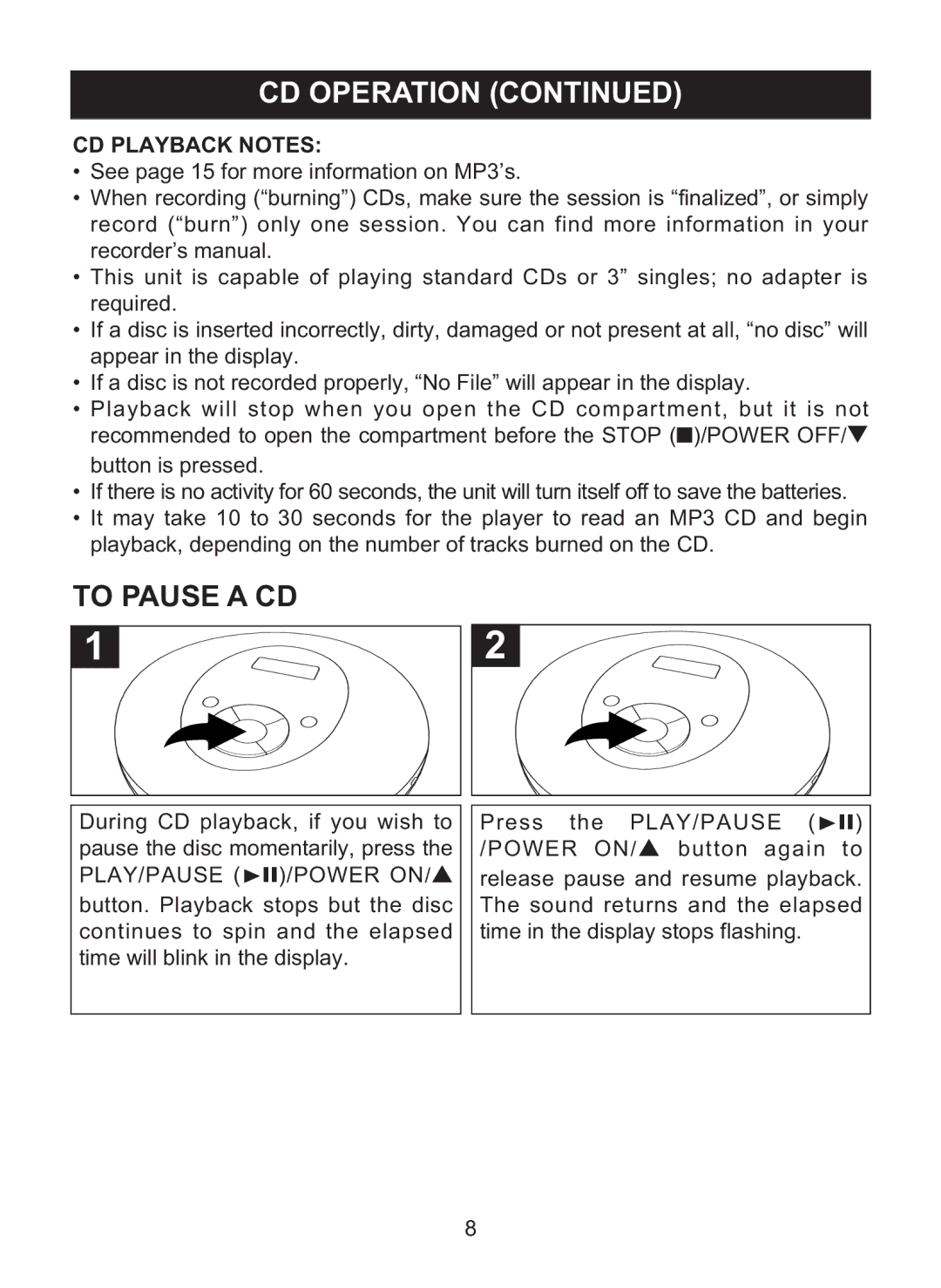 Memorex MPD8842 manual To Pause a CD, CD Playback Notes 