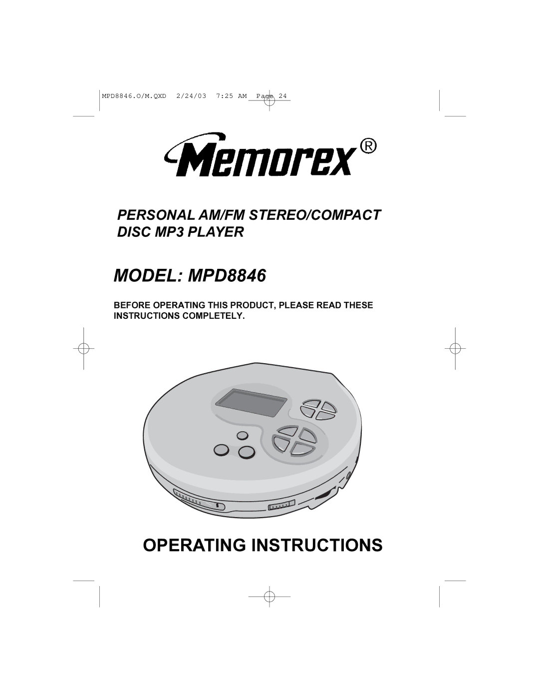 Memorex operating instructions Model MPD8846 