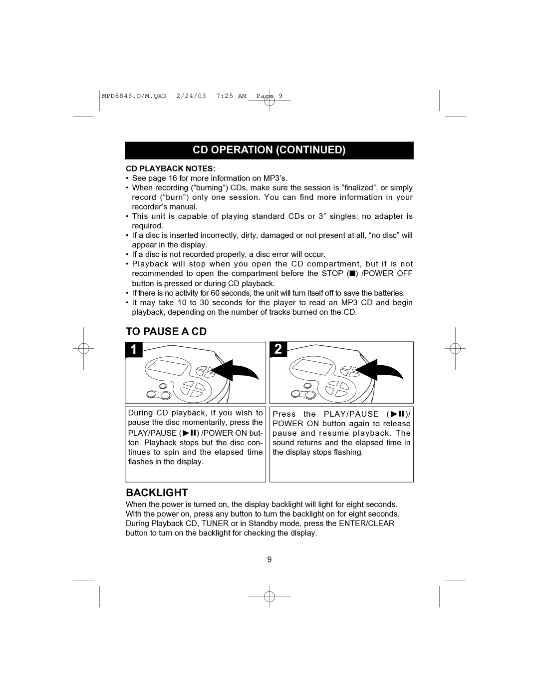 Memorex MPD8846 operating instructions To Pause a CD, Backlight 