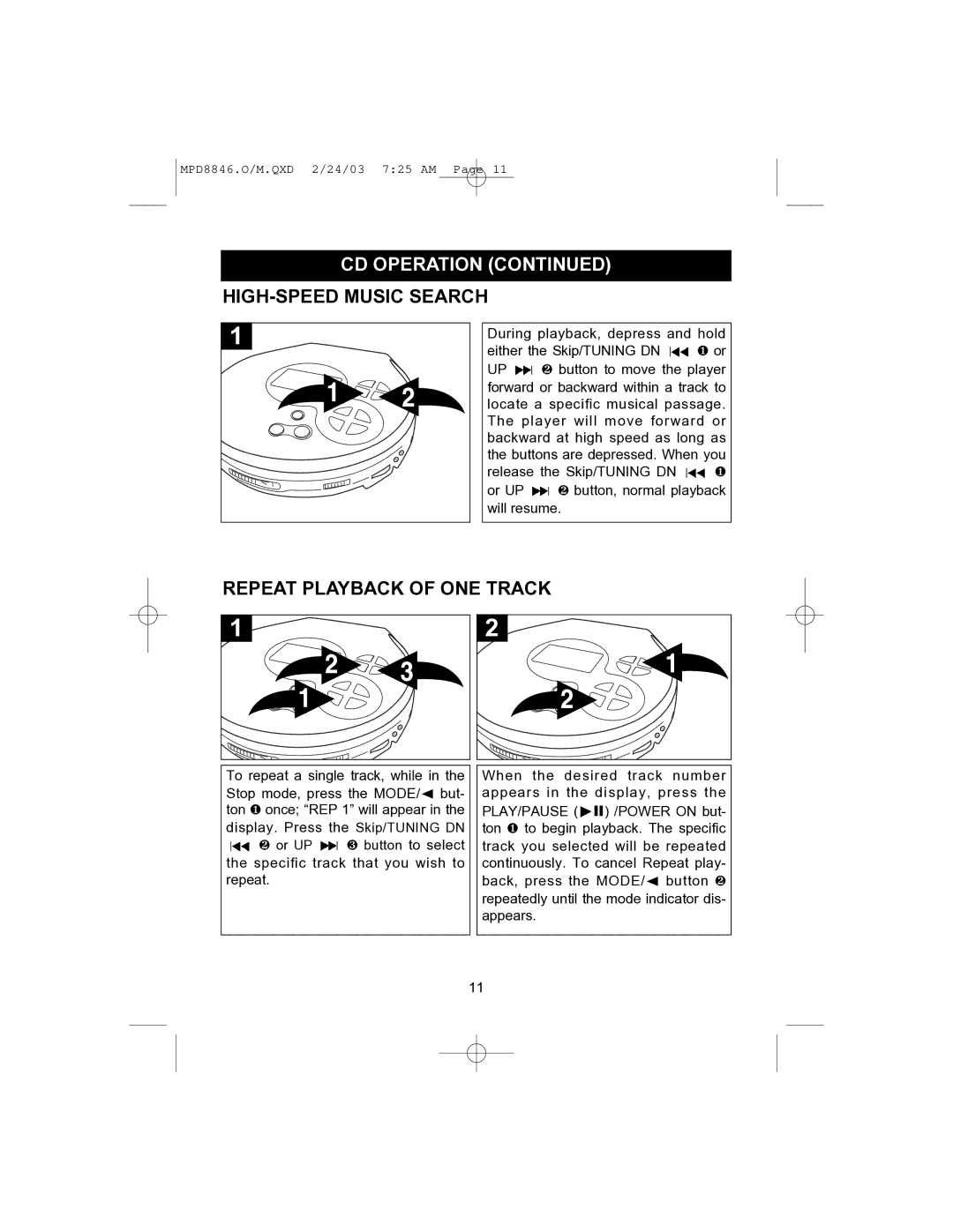 Memorex MPD8846 operating instructions HIGH-SPEED Music Search, Repeat Playback of ONE Track 