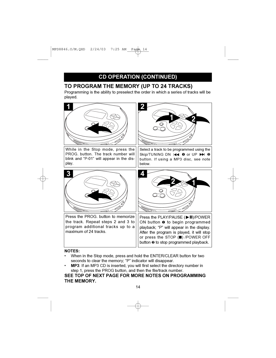 Memorex MPD8846 operating instructions To Program the Memory UP to 24 Tracks 