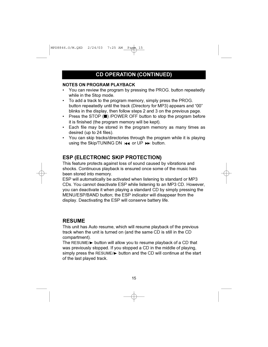 Memorex MPD8846 operating instructions ESP Electronic Skip Protection, Resume 