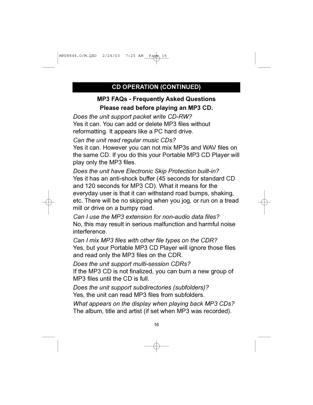 Memorex MPD8846 operating instructions Can I use the MP3 extension for non-audio data files? 