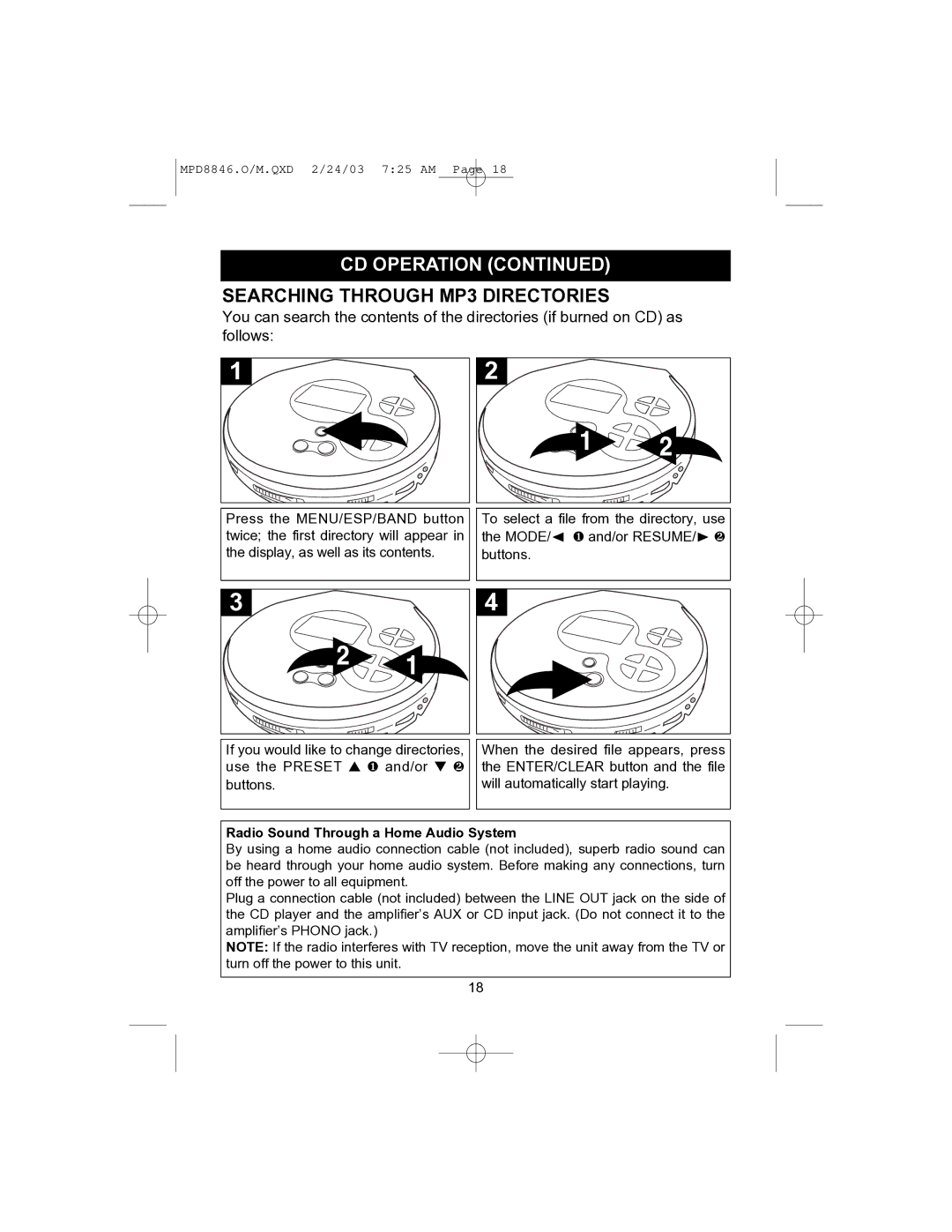 Memorex MPD8846 operating instructions Searching Through MP3 Directories, Radio Sound Through a Home Audio System 