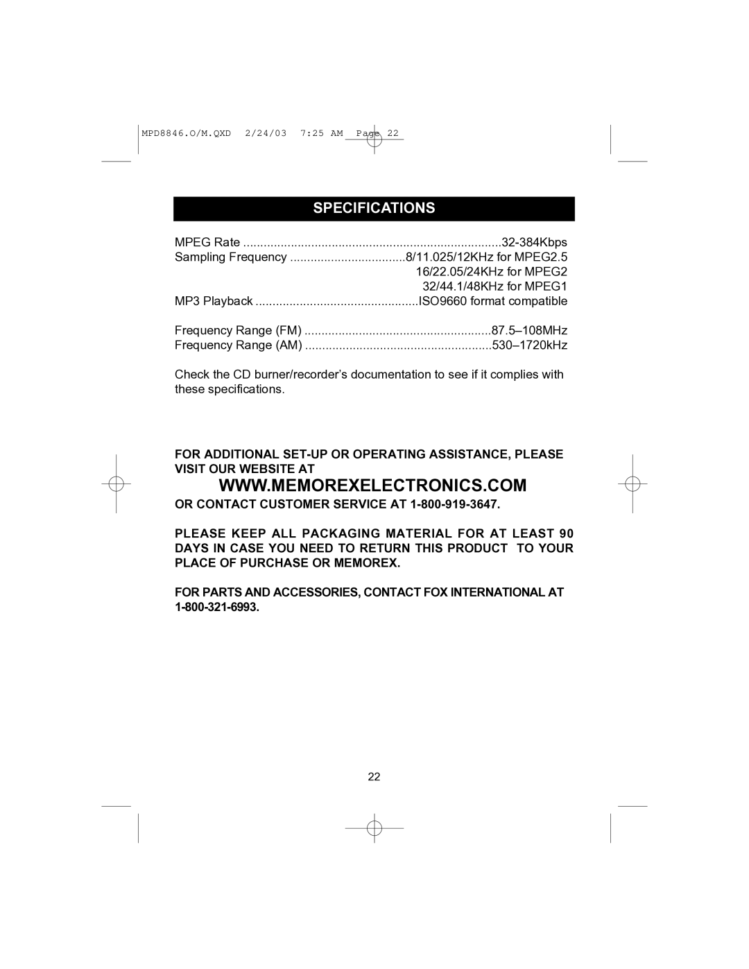 Memorex MPD8846 operating instructions Specifications 