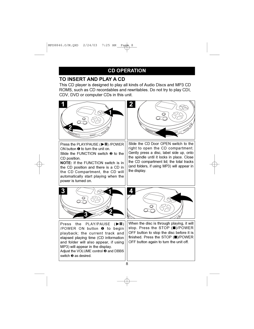 Memorex MPD8846 operating instructions CD Operation, To Insert and Play a CD 