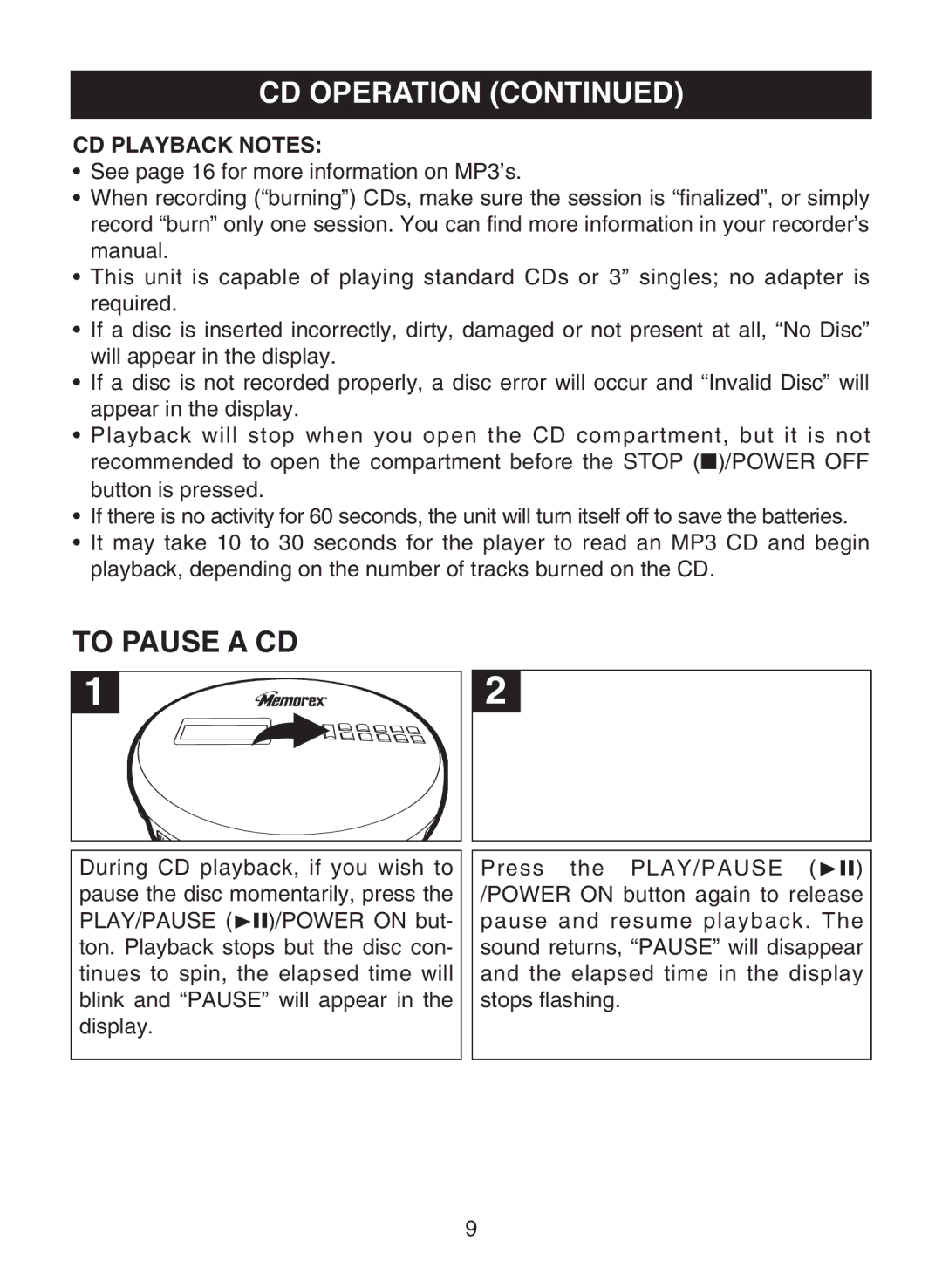 Memorex MPD8853 manual To Pause a CD, CD Playback Notes 