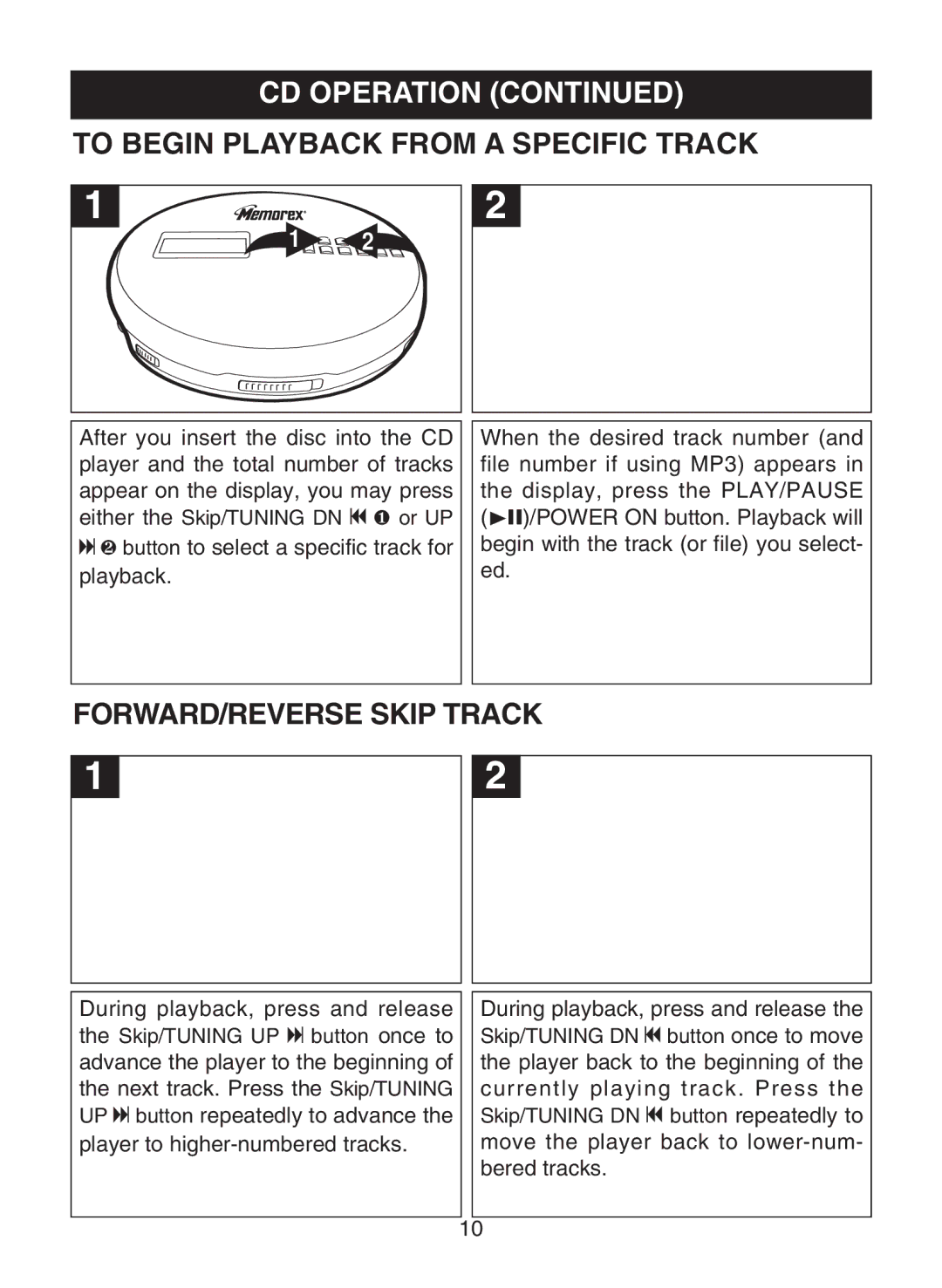 Memorex MPD8853 manual To Begin Playback from a Specific Track, FORWARD/REVERSE Skip Track 