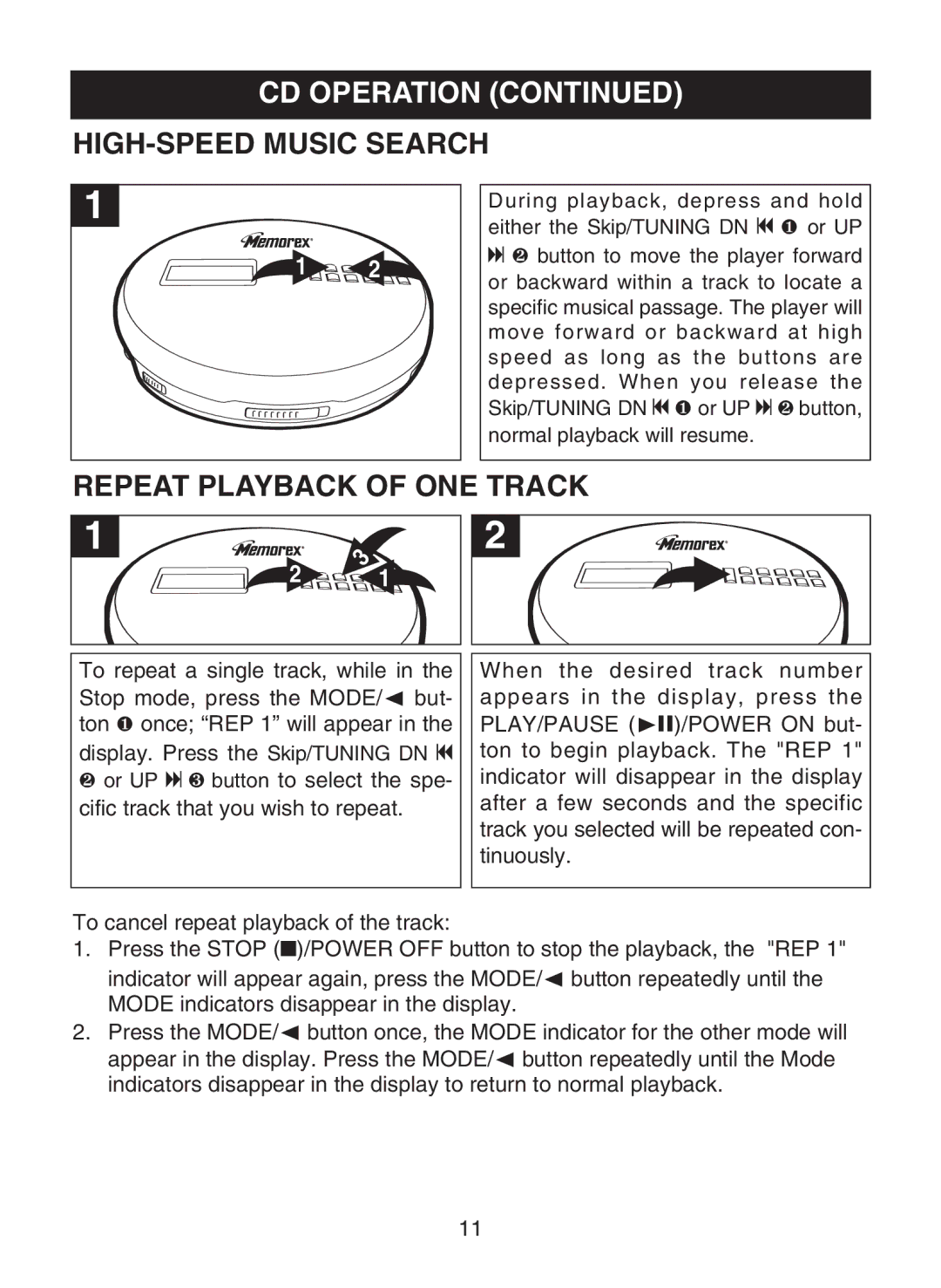 Memorex MPD8853 manual HIGH-SPEED Music Search, Repeat Playback of ONE Track 