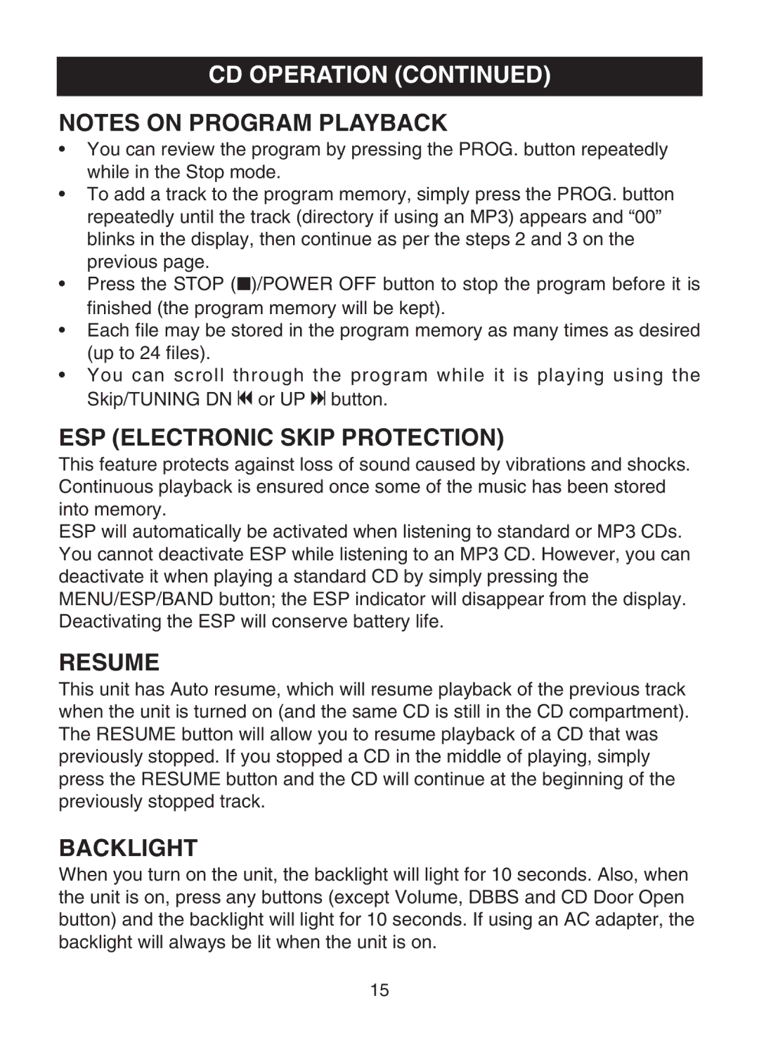 Memorex MPD8853 manual ESP Electronic Skip Protection, Resume, Backlight 