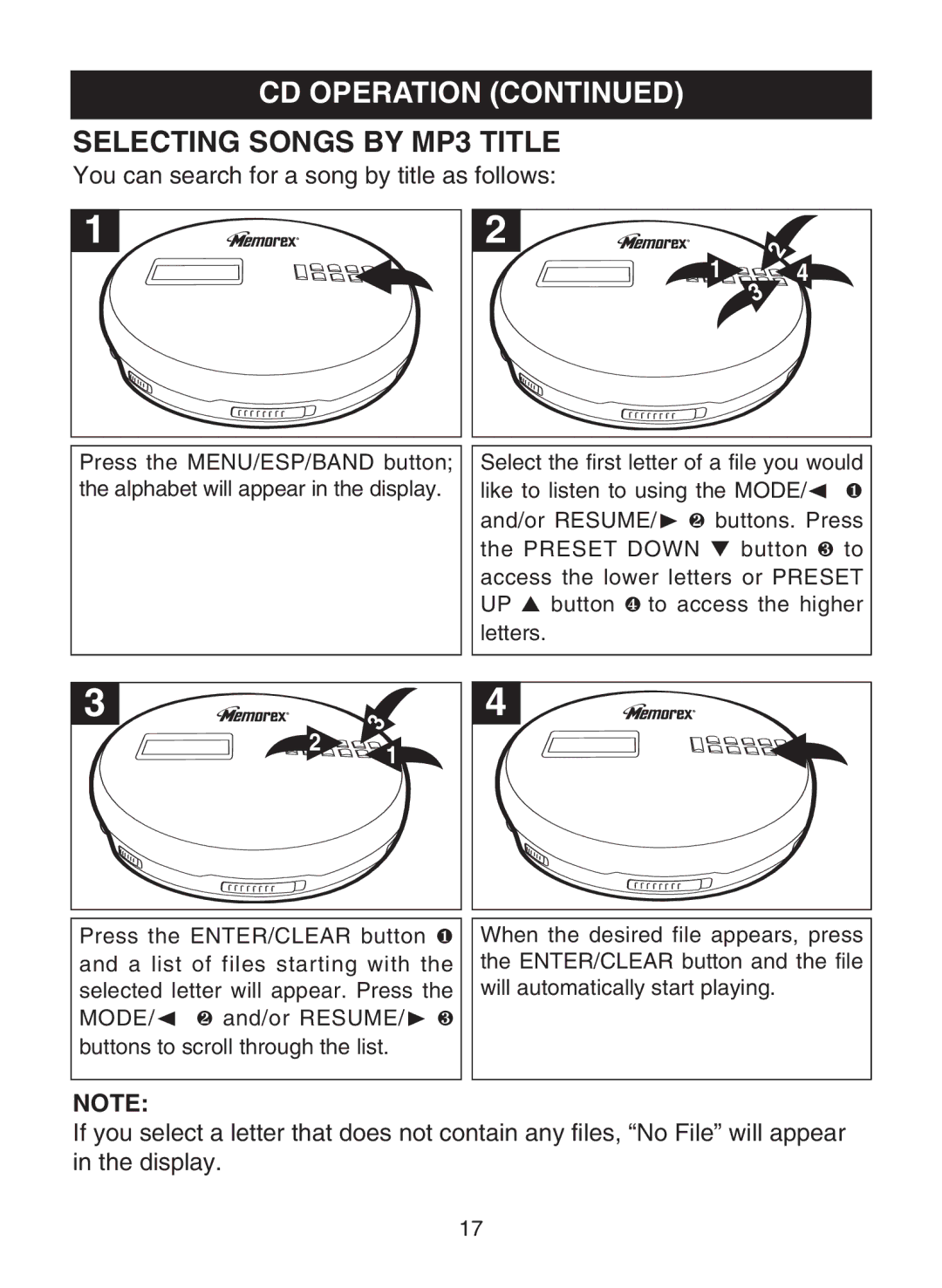 Memorex MPD8853 manual Selecting Songs by MP3 Title, You can search for a song by title as follows 