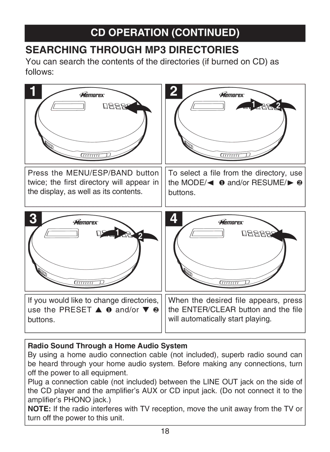 Memorex MPD8853 manual Searching Through MP3 Directories, Radio Sound Through a Home Audio System 