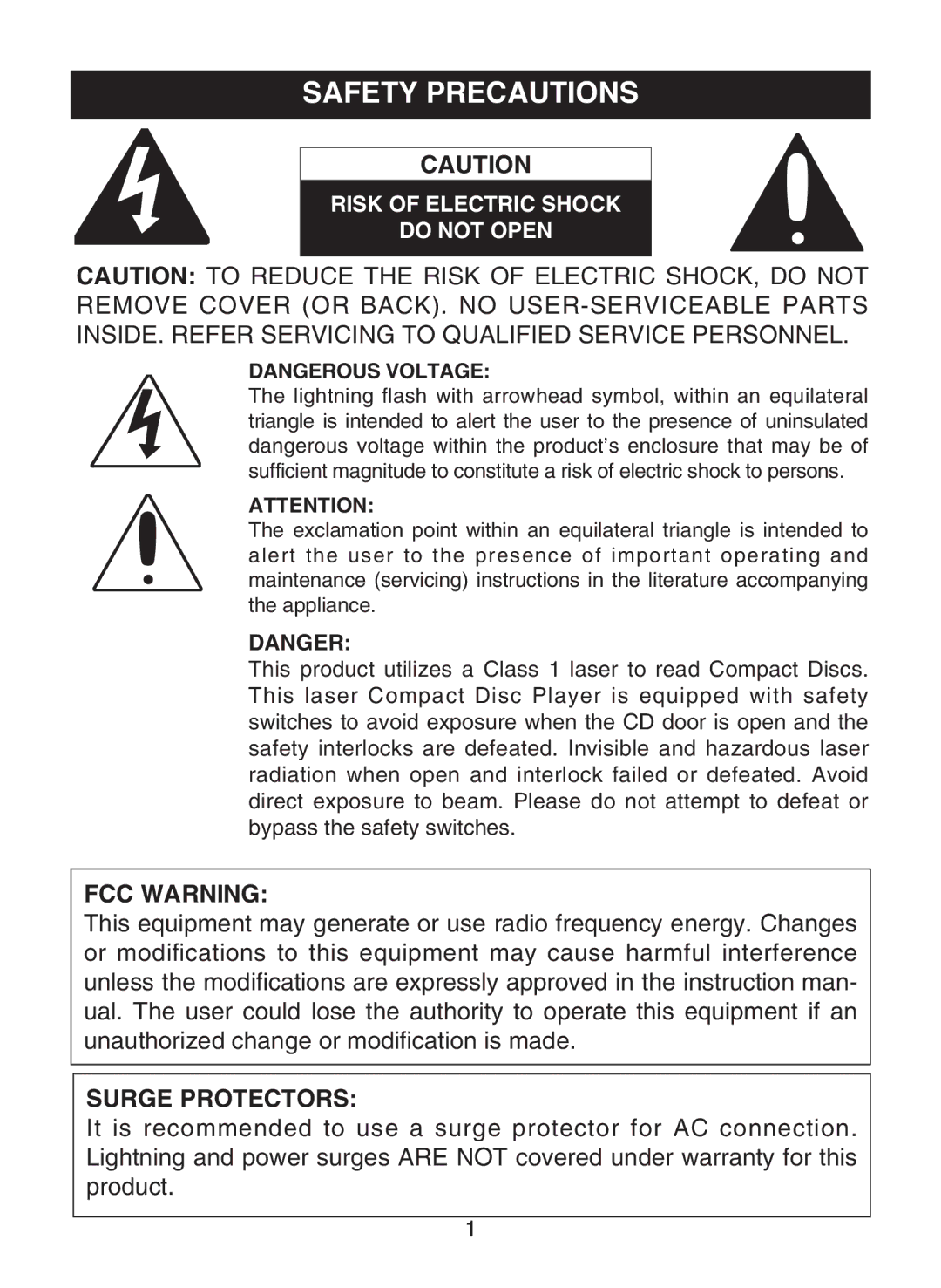 Memorex MPD8853 manual Safety Precautions, Risk of Electric Shock Do not Open 