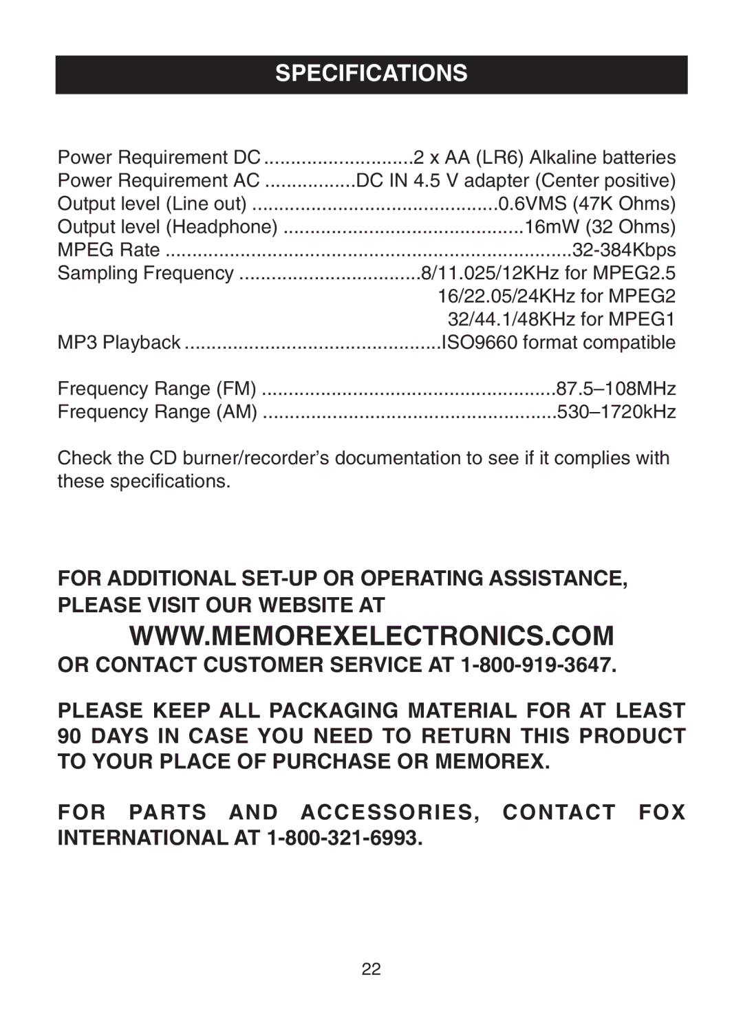 Memorex MPD8853 manual Specifications 