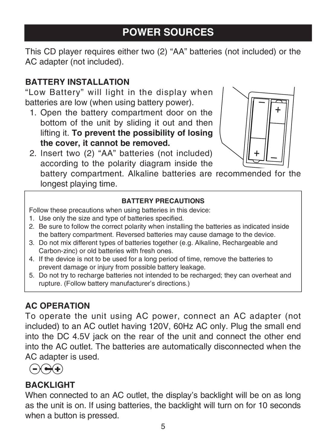 Memorex MPD8853 manual Power Sources, Battery Installation 