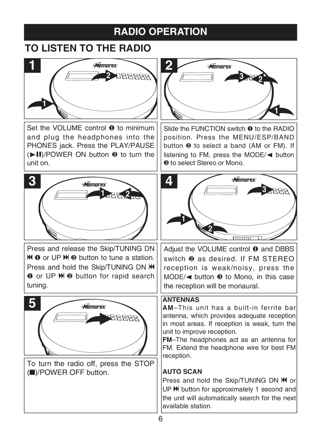 Memorex MPD8853 manual Radio Operation, To Listen to the Radio 