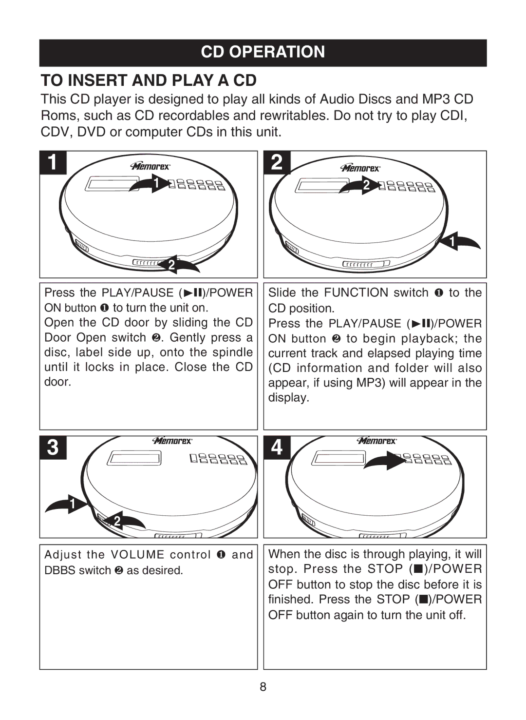 Memorex MPD8853 manual CD Operation, To Insert and Play a CD 