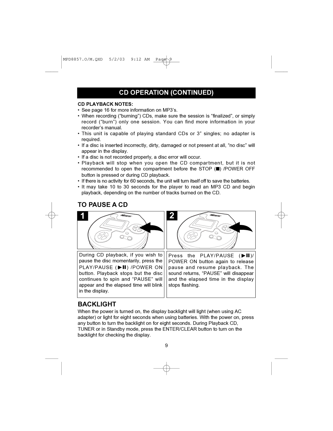 Memorex MPD8857 manual To Pause a CD, Backlight 