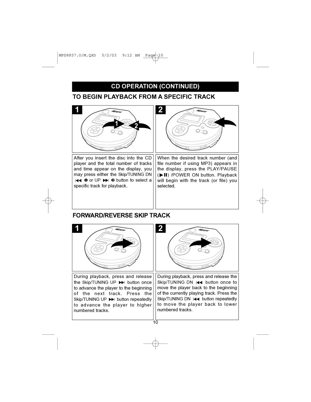 Memorex MPD8857 manual To Begin Playback from a Specific Track, FORWARD/REVERSE Skip Track 