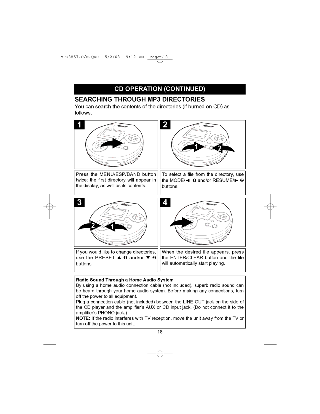 Memorex MPD8857 manual Searching Through MP3 Directories, Radio Sound Through a Home Audio System 