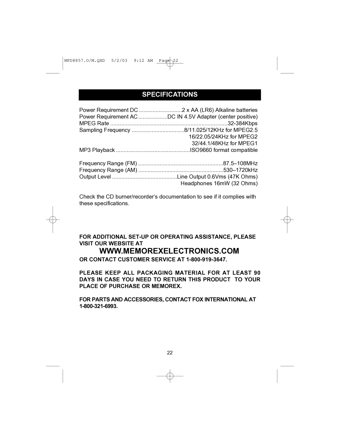 Memorex MPD8857 manual Specifications 