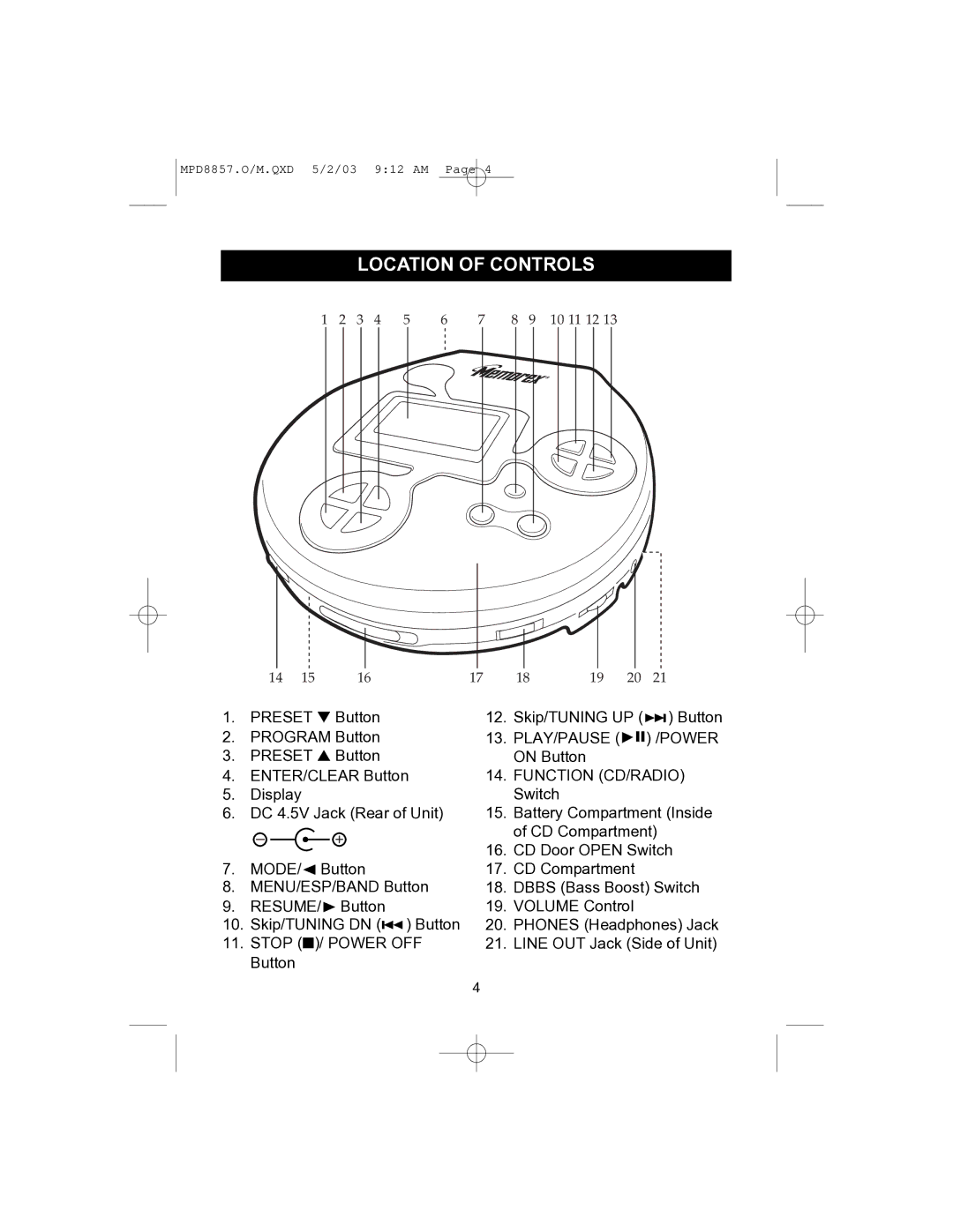 Memorex MPD8857 manual Location of Controls, Function CD/RADIO 