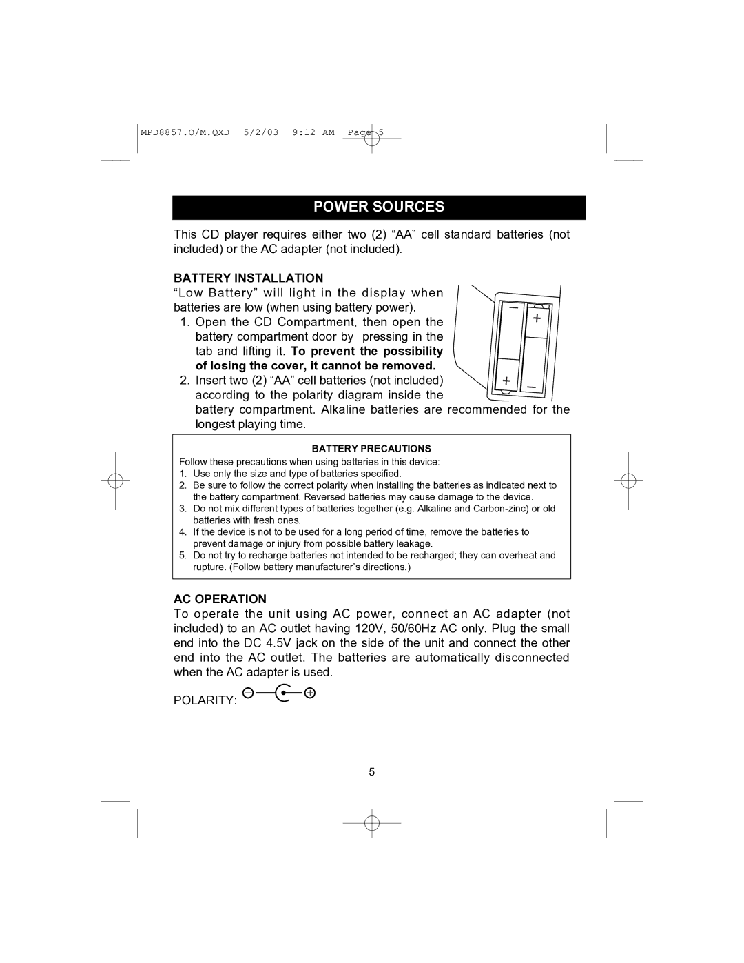 Memorex MPD8857 manual Power Sources, Battery Installation 